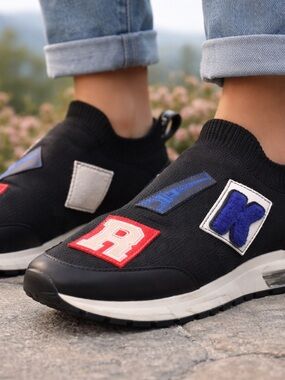 Karl Lagerfeld Black Slip-On Sneakers with Red, Blue, and White Patches